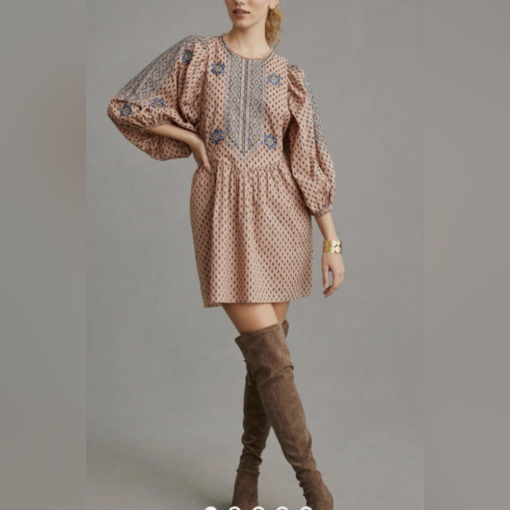Anthropologie Embroidered Boho Tunic Mini Dress Peasant Puff Sleeve S